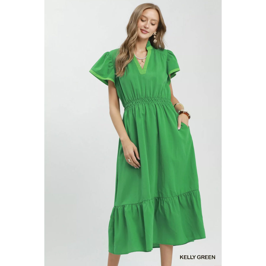 Umgee Contrast Trim Midi Dress with Tiered Ruffle Hem KELLY GREEN / S Apparel and Accessories