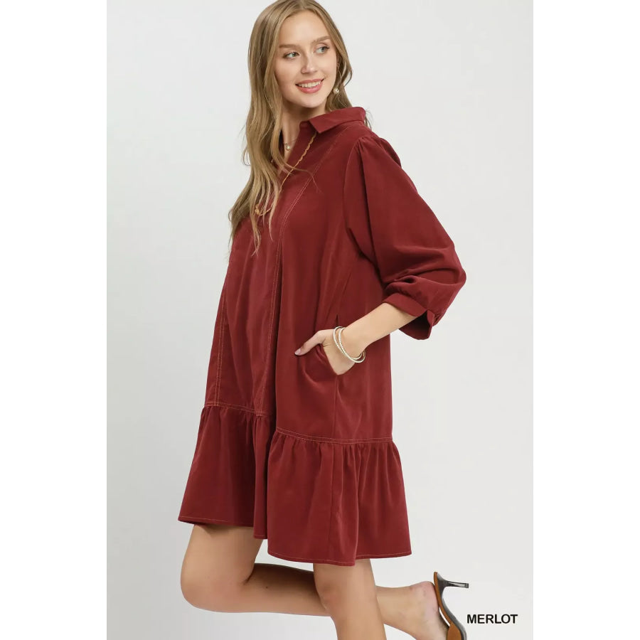 Umgee Corduroy Contrast Trim Tiered Babydoll Dress Apparel and Accessories