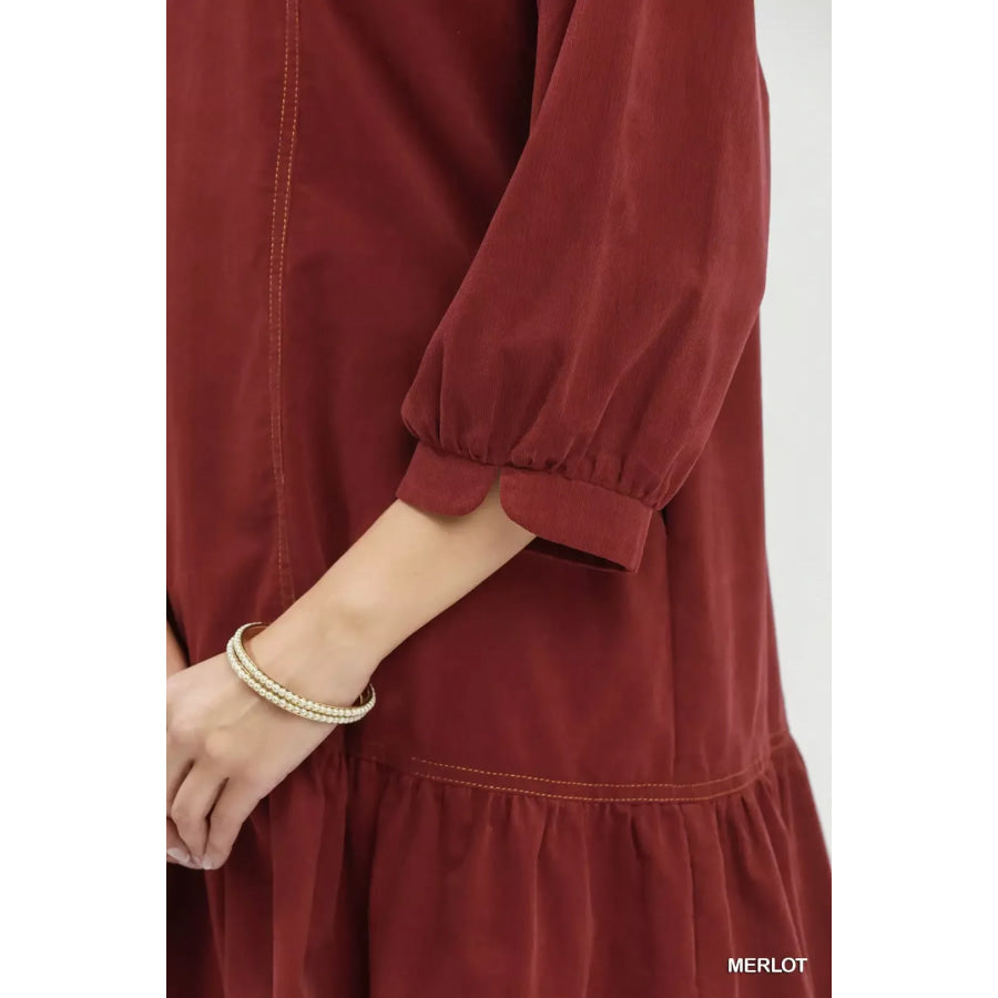 Umgee Corduroy Contrast Trim Tiered Babydoll Dress Apparel and Accessories