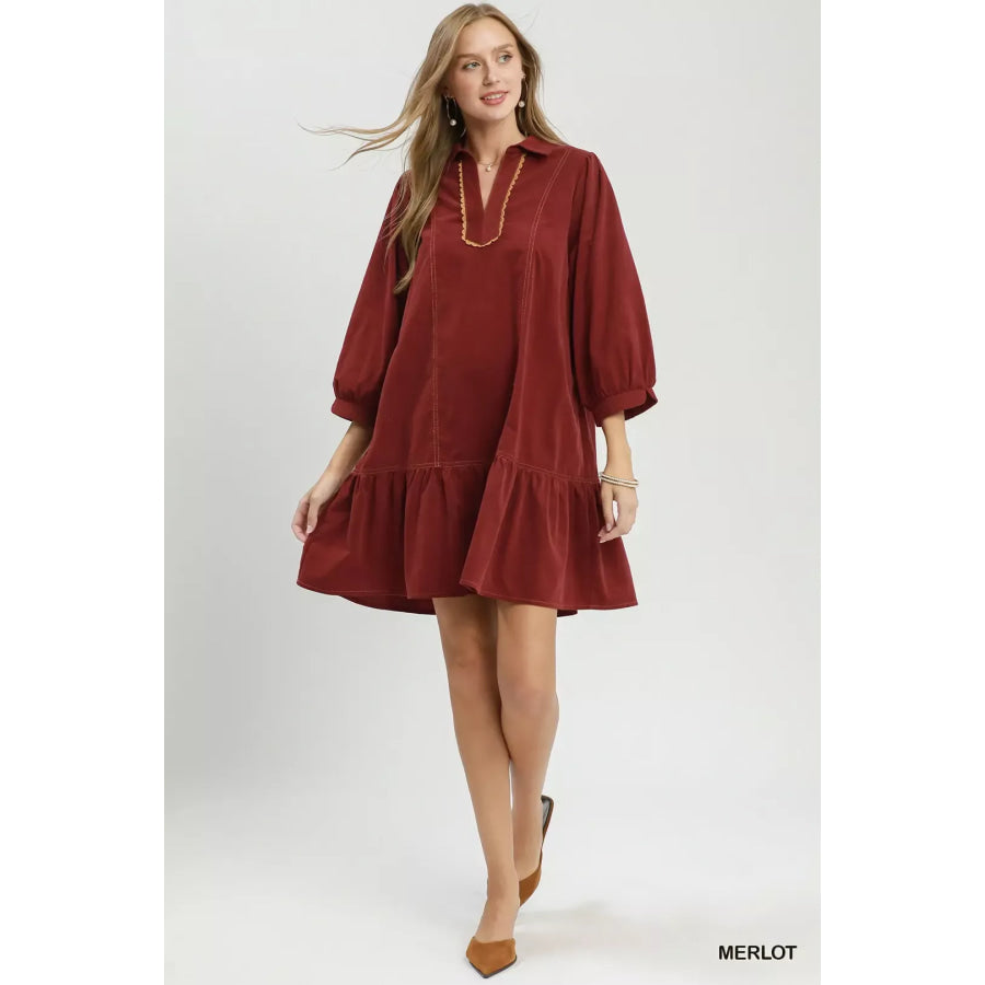 Umgee Corduroy Contrast Trim Tiered Babydoll Dress Apparel and Accessories