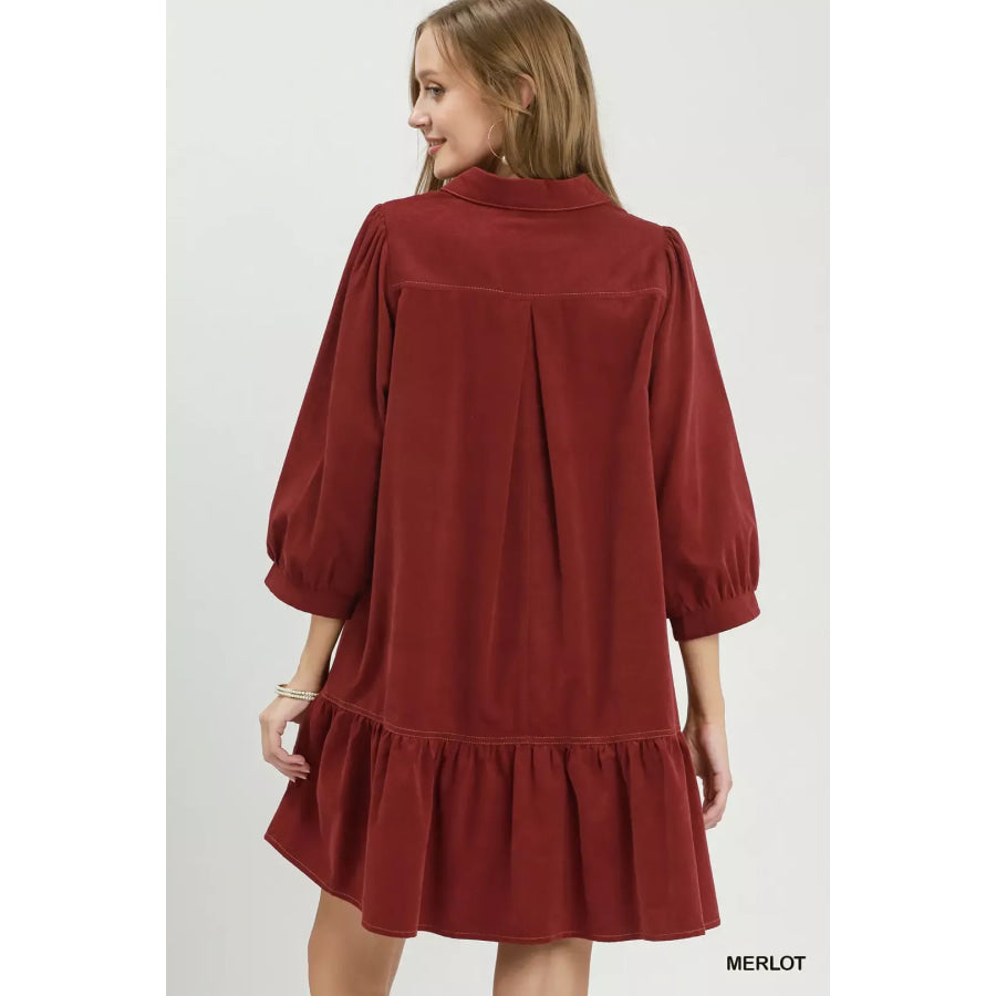 Umgee Corduroy Contrast Trim Tiered Babydoll Dress Apparel and Accessories