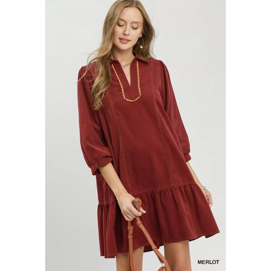 Umgee Corduroy Contrast Trim Tiered Babydoll Dress MERLOT / S Apparel and Accessories