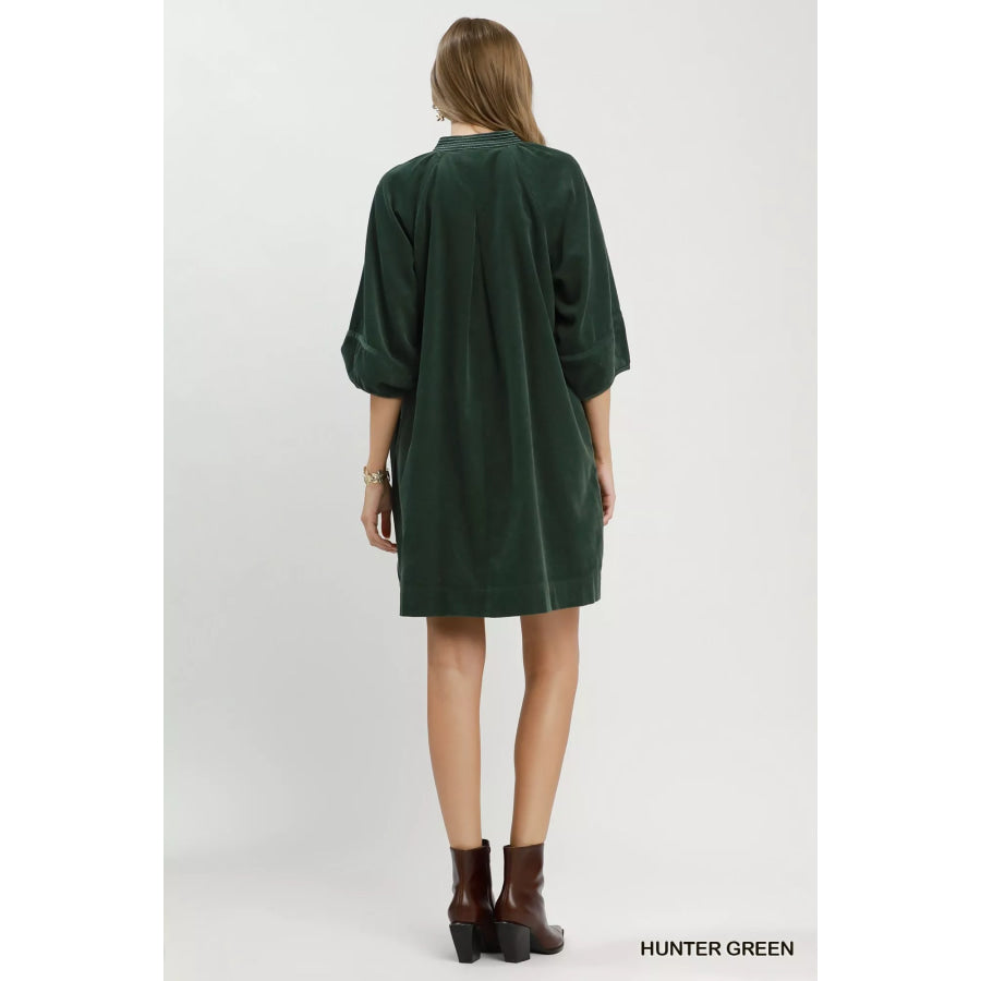 Umgee Corduroy V-Neck Puff Sleeve Shift Dress with Pockets Apparel and Accessories