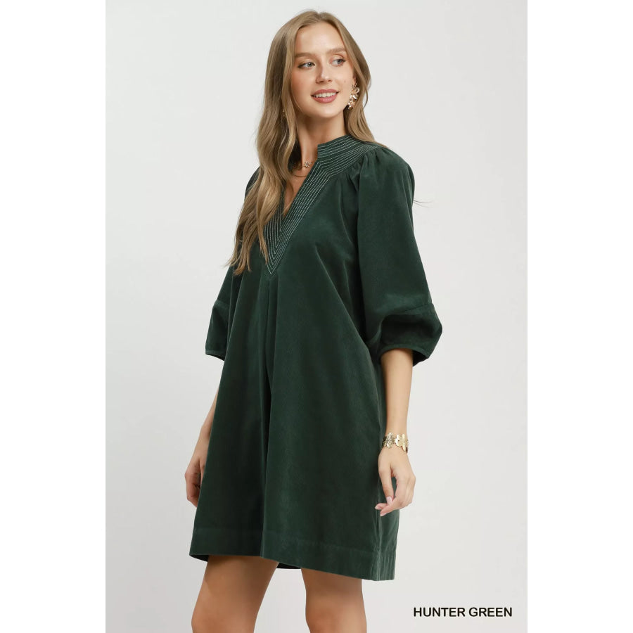 Umgee Corduroy V-Neck Puff Sleeve Shift Dress with Pockets Apparel and Accessories