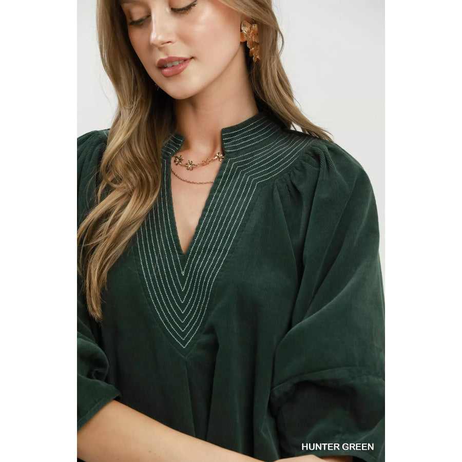 Umgee Corduroy V-Neck Puff Sleeve Shift Dress with Pockets Apparel and Accessories