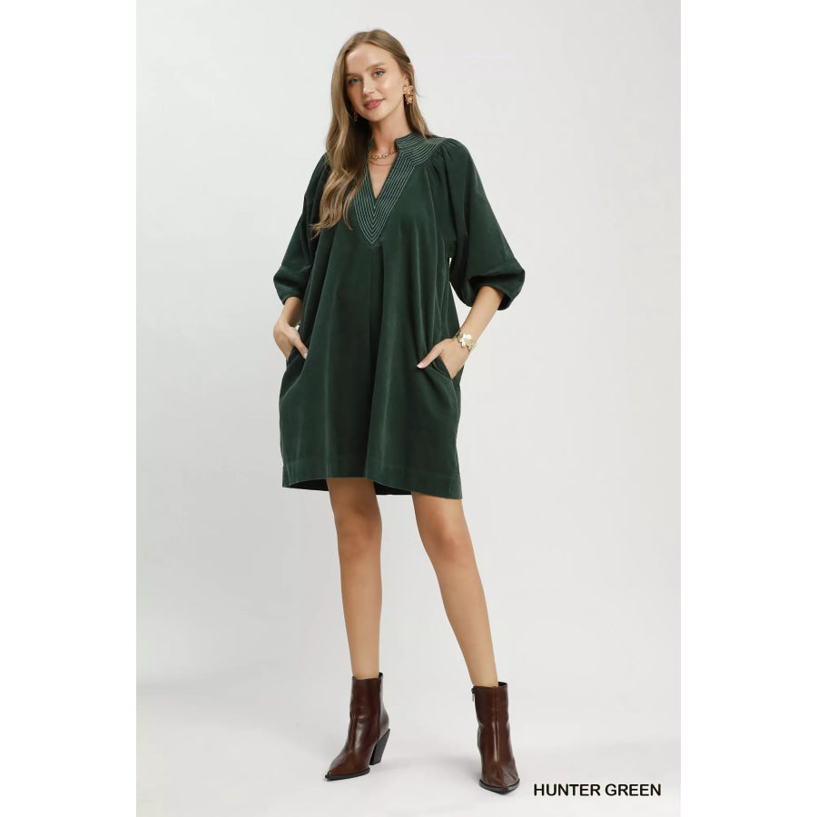 Umgee Corduroy V-Neck Puff Sleeve Shift Dress with Pockets Apparel and Accessories