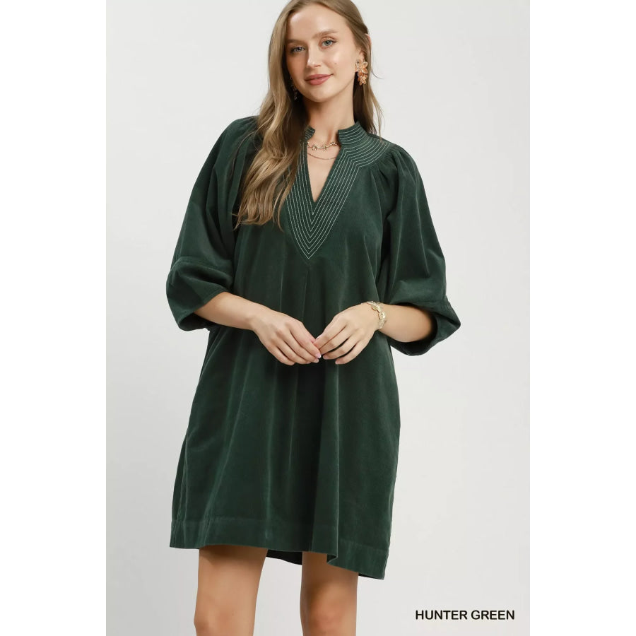 Umgee Corduroy V-Neck Puff Sleeve Shift Dress with Pockets HUNTER GREEN / S Apparel and Accessories