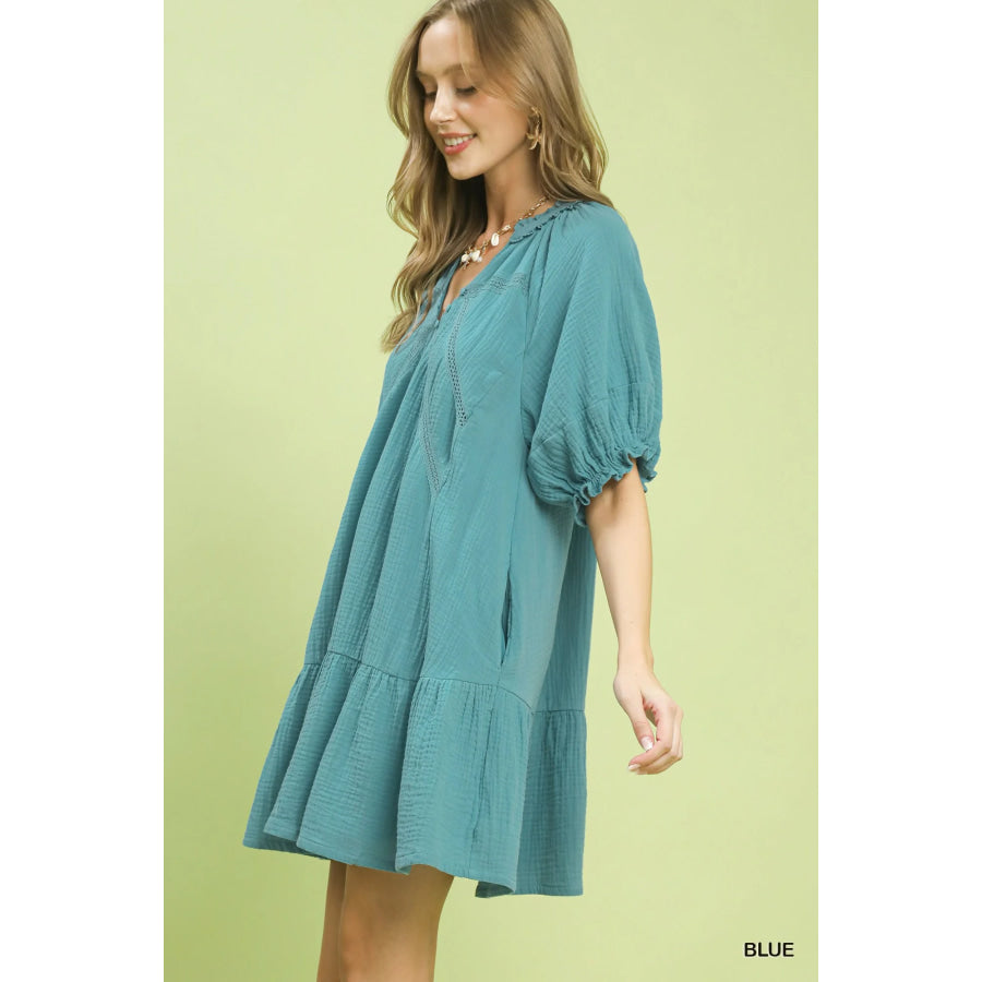Umgee Cotton Gauze Mini Dress BLUE / S Apparel and Accessories