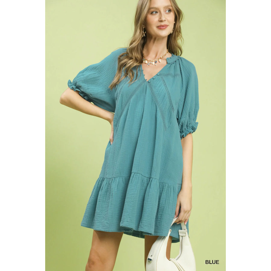 Umgee Cotton Gauze Mini Dress BLUE / S Apparel and Accessories