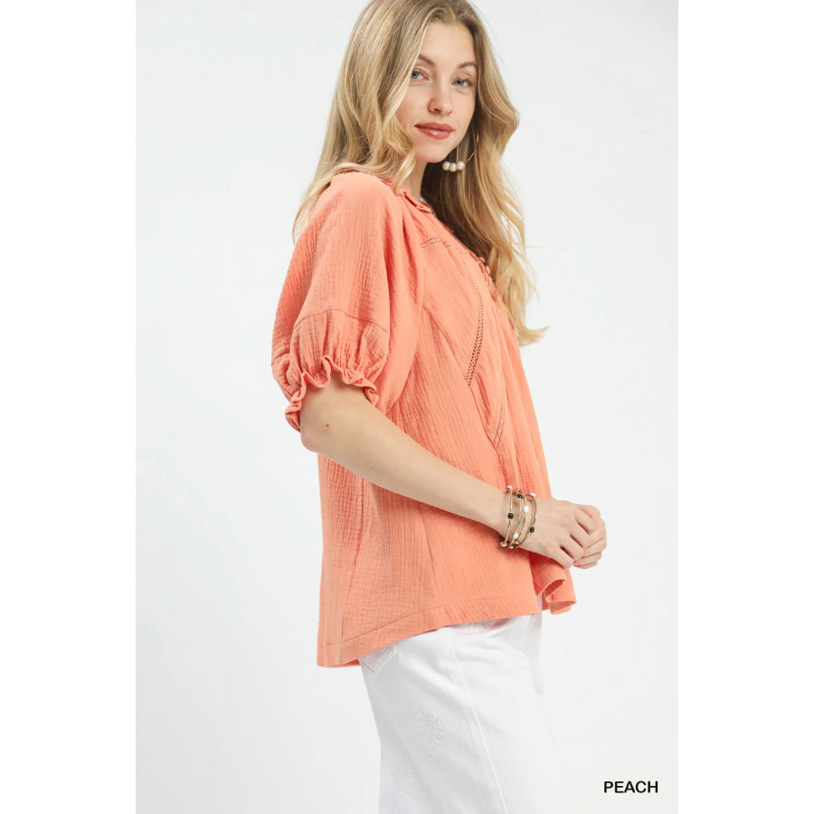 Umgee Cotton Gauze Ruffle Top PEACH / S Apparel and Accessories