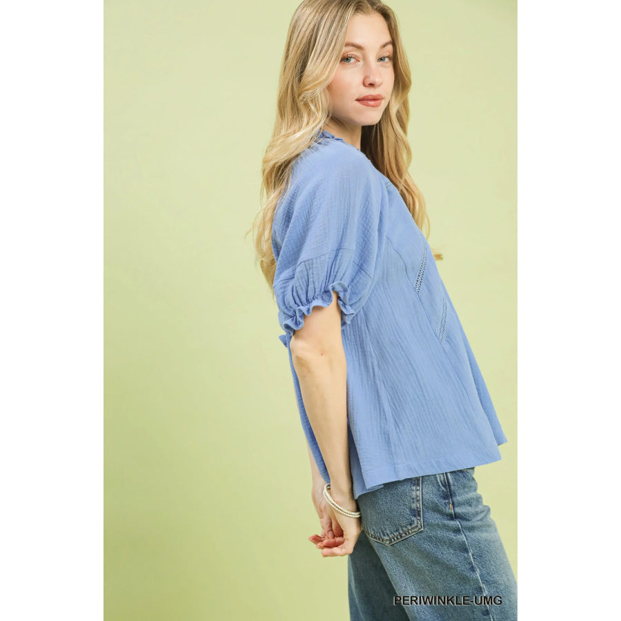 Umgee Cotton Gauze Ruffle Top PERIWINKLE-UMG / S Apparel and Accessories