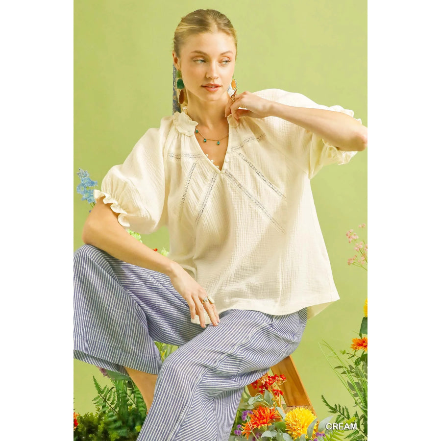 Umgee Cotton Gauze Ruffle Top Apparel and Accessories