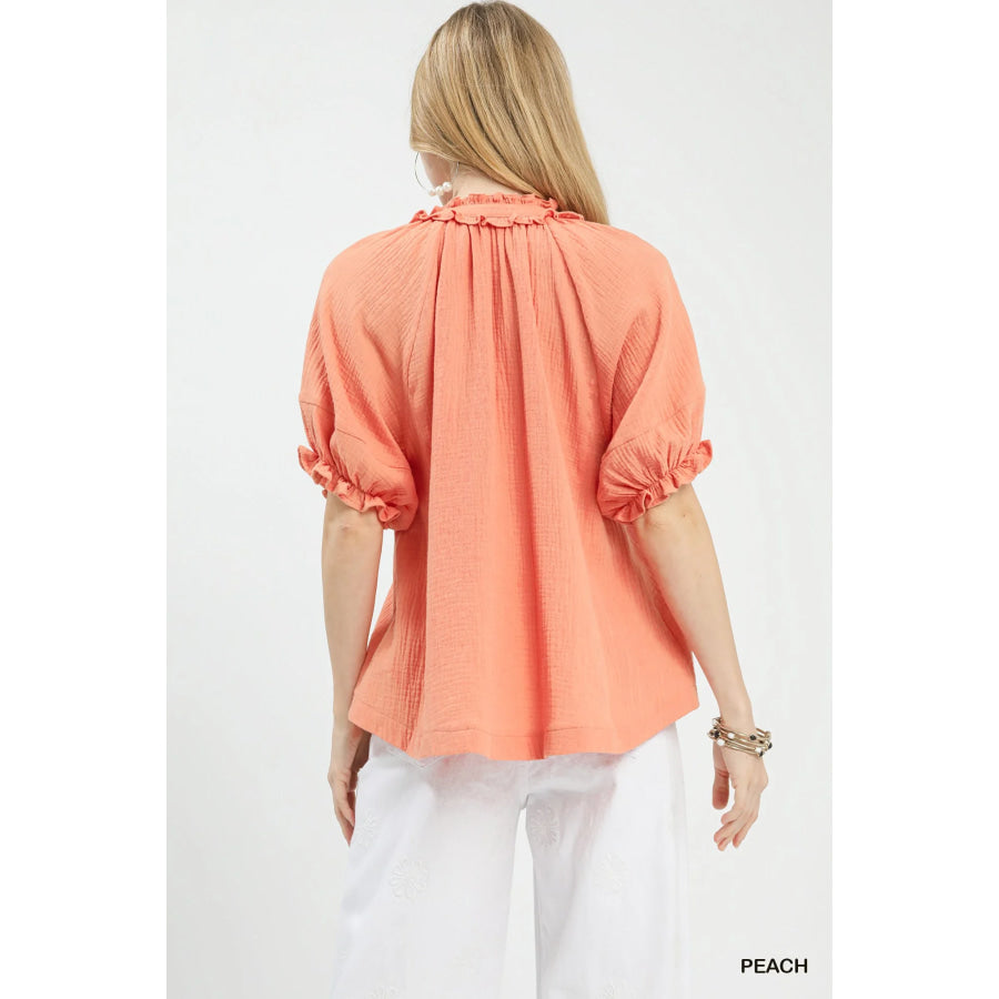 Umgee Cotton Gauze Ruffle Top Apparel and Accessories
