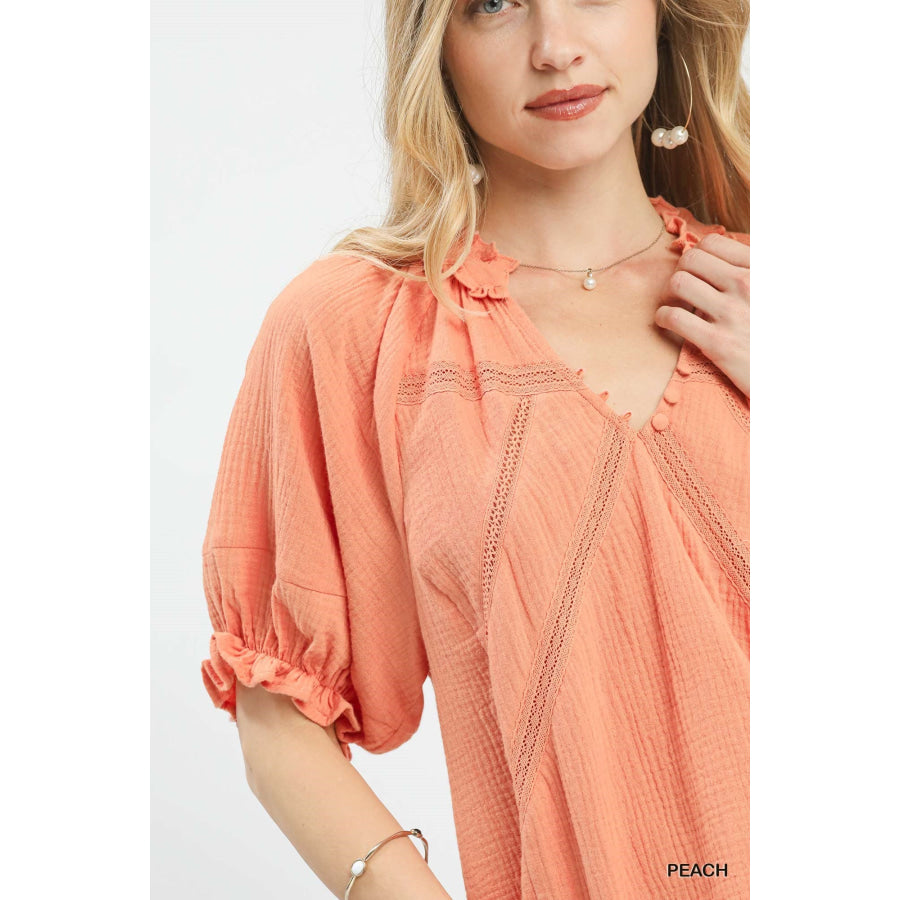 Umgee Cotton Gauze Ruffle Top Apparel and Accessories