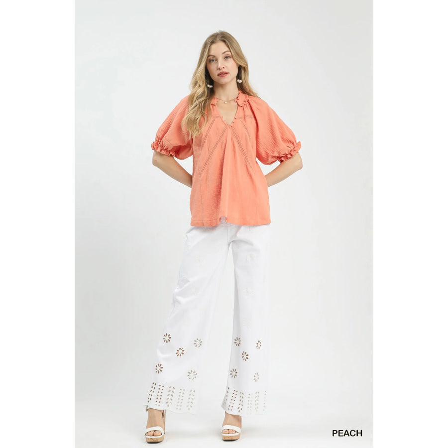 Umgee Cotton Gauze Ruffle Top Apparel and Accessories