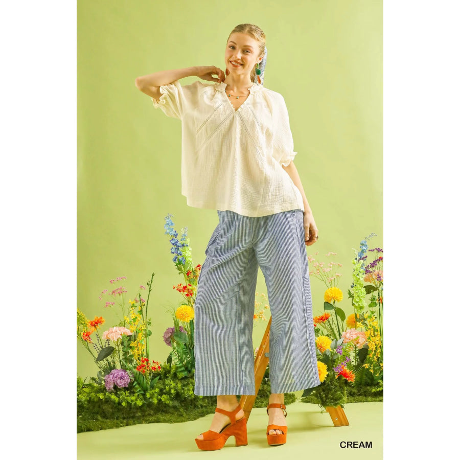Umgee Cotton Gauze Ruffle Top Apparel and Accessories
