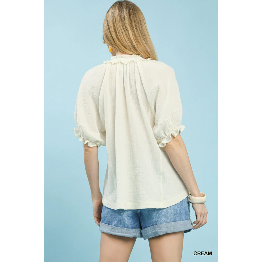Umgee Cotton Gauze Ruffle Top Apparel and Accessories