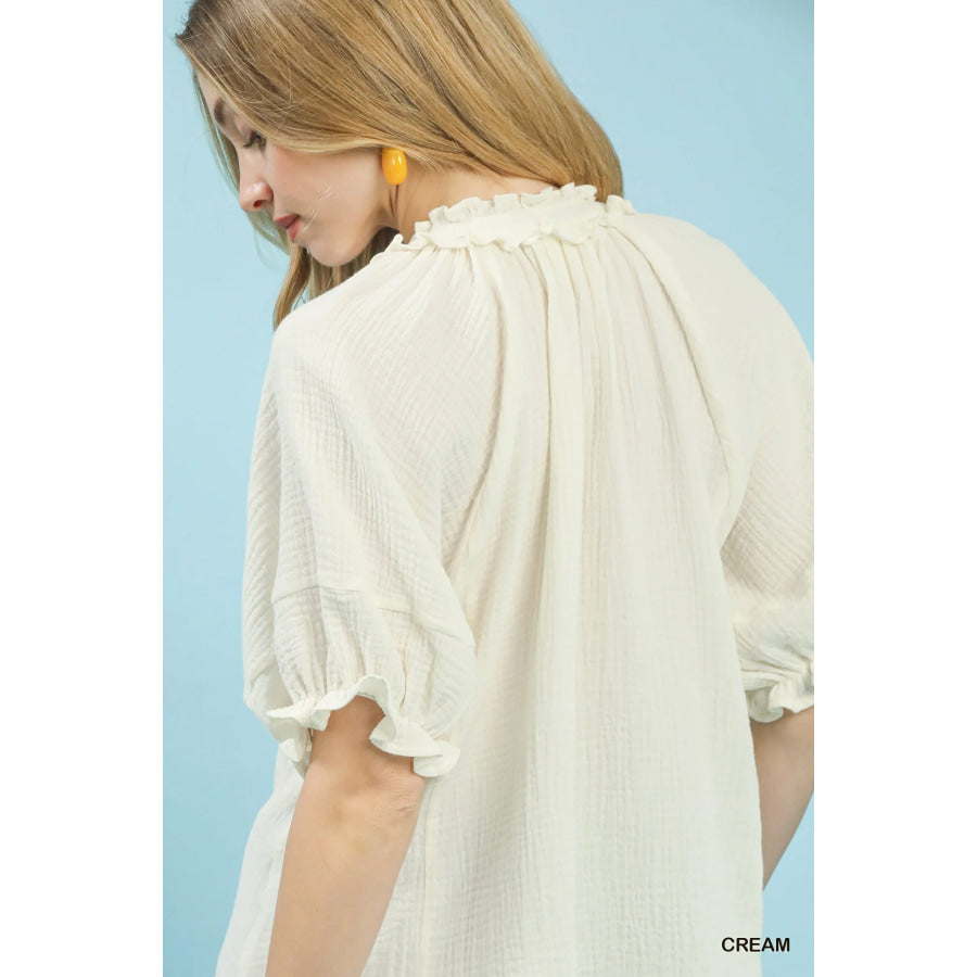 Umgee Cotton Gauze Ruffle Top Apparel and Accessories