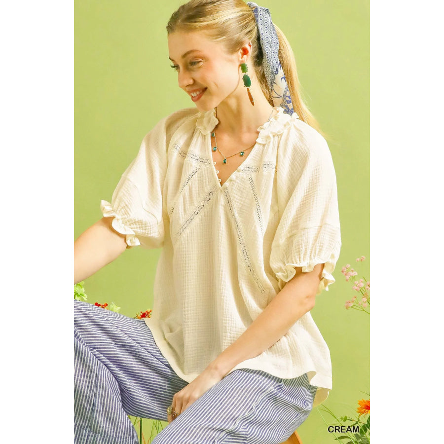 Umgee Cotton Gauze Ruffle Top Apparel and Accessories