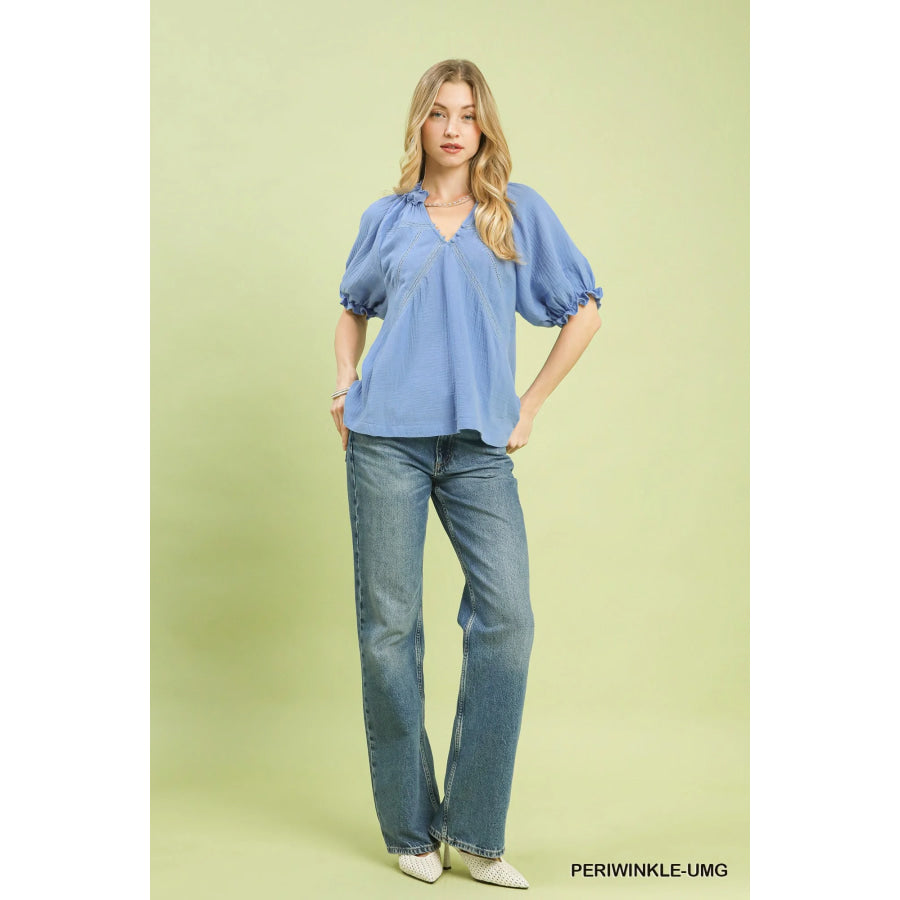 Umgee Cotton Gauze Ruffle Top Apparel and Accessories