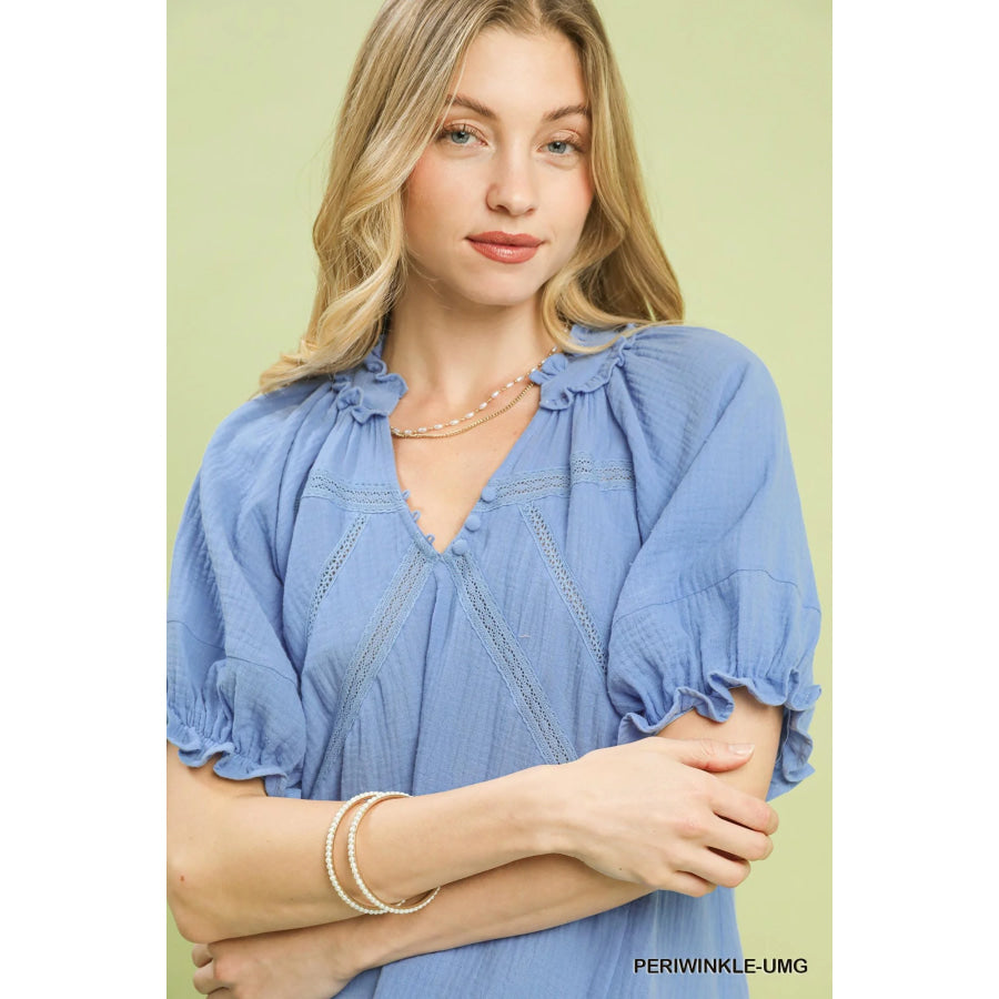 Umgee Cotton Gauze Ruffle Top Apparel and Accessories