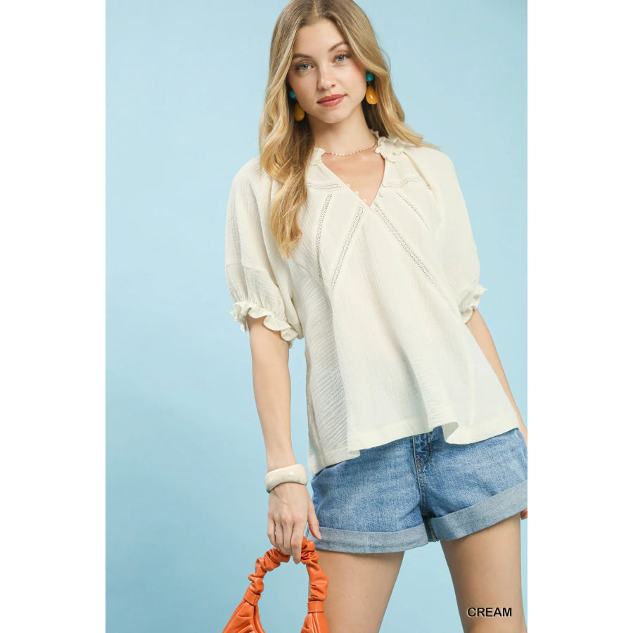 Umgee Cotton Gauze Ruffle Top CREAM / S Apparel and Accessories