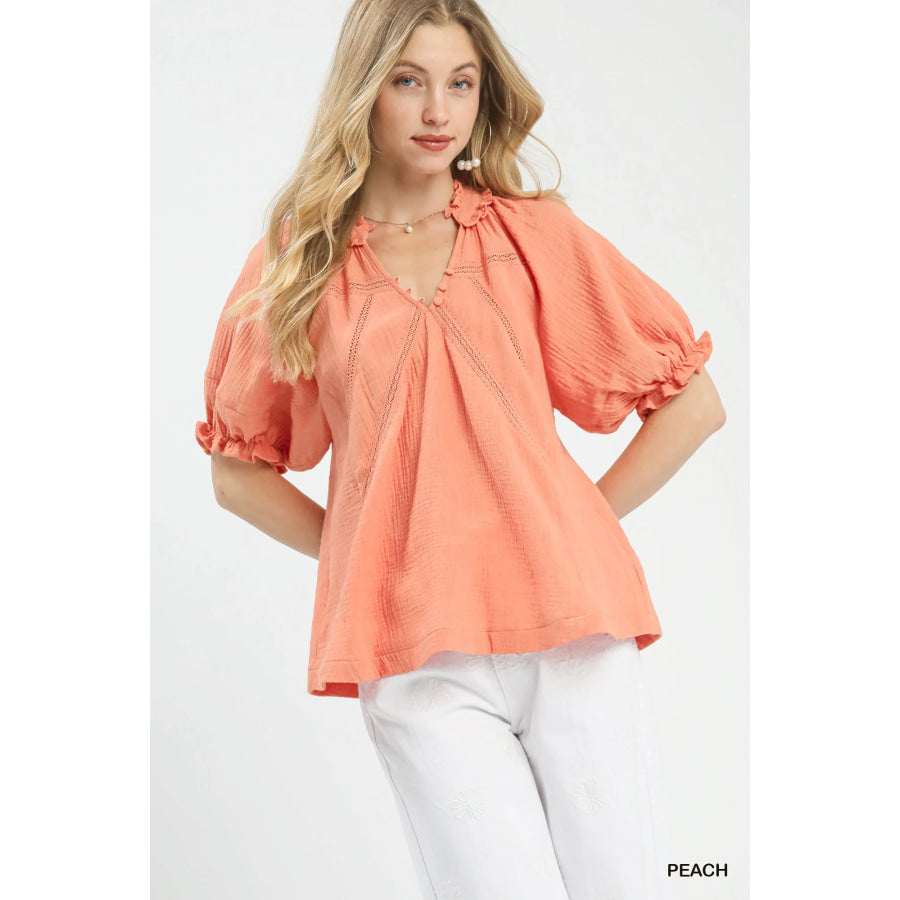 Umgee Cotton Gauze Ruffle Top PEACH / S Apparel and Accessories