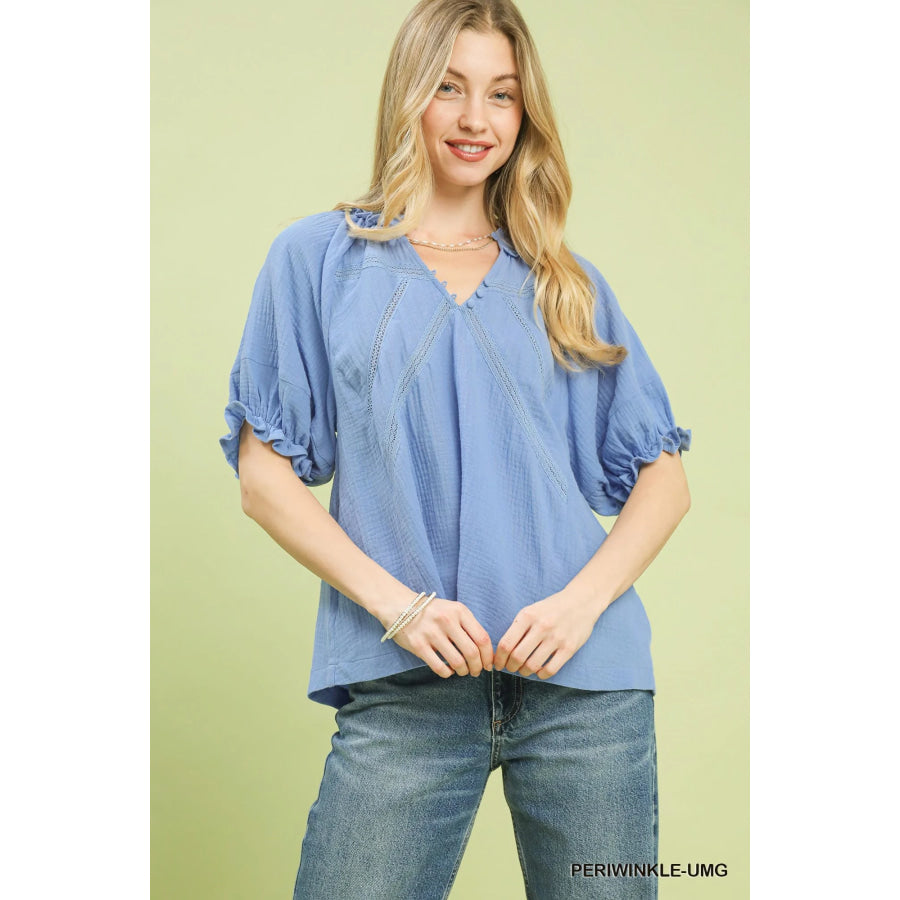 Umgee Cotton Gauze Ruffle Top PERIWINKLE-UMG / S Apparel and Accessories