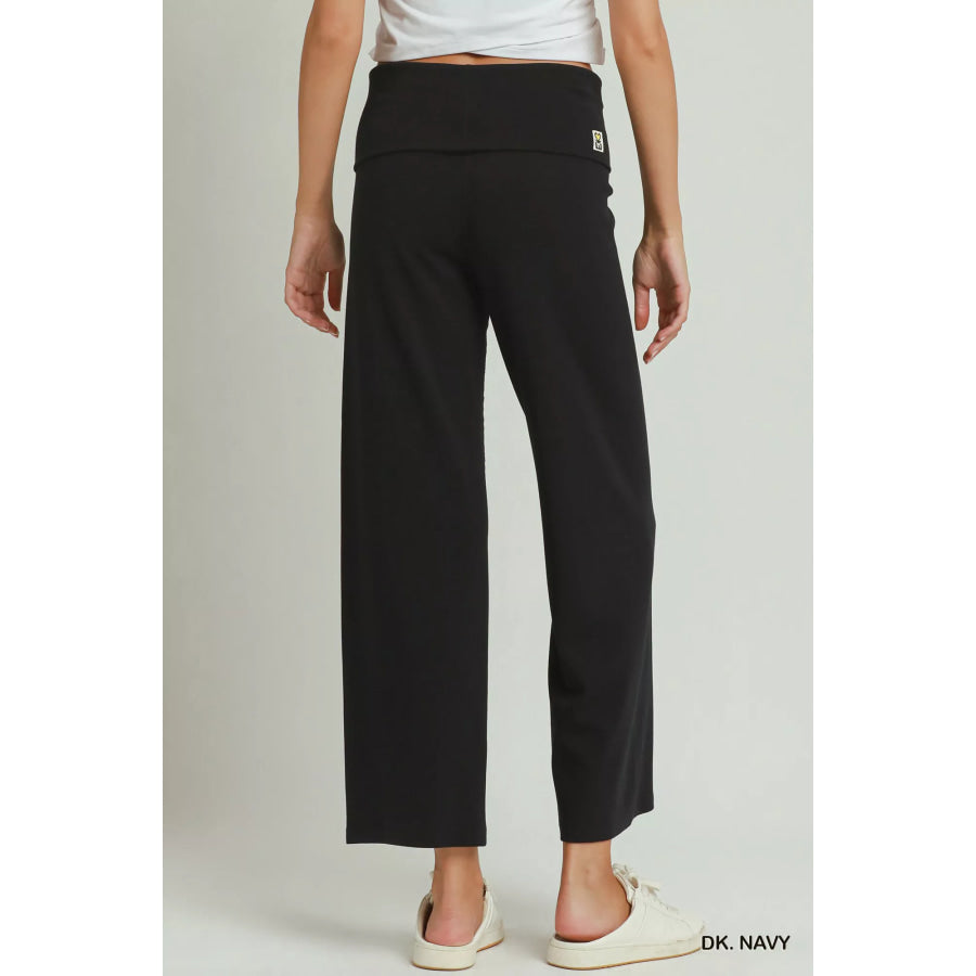 Umgee Cotton Viscose Folded Waistband Straight Leg Pants Apparel and Accessories