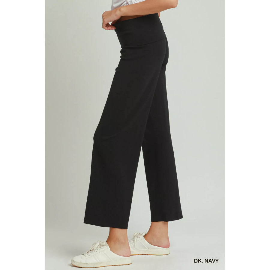 Umgee Cotton Viscose Folded Waistband Straight Leg Pants Apparel and Accessories