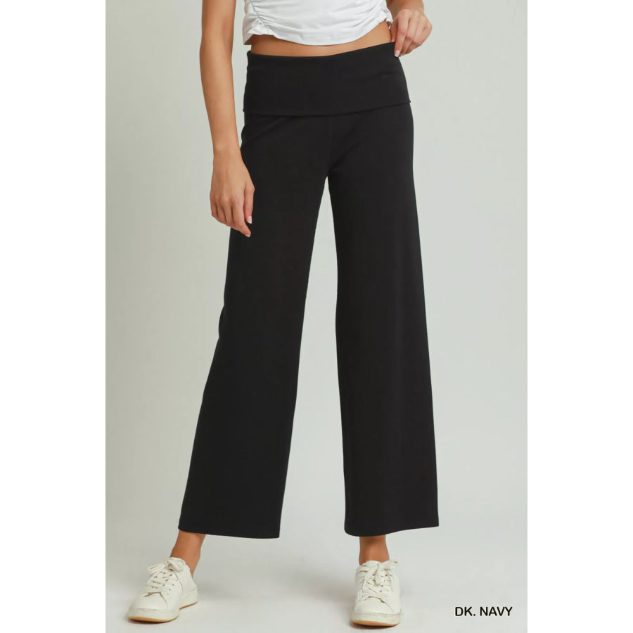 Umgee Cotton Viscose Folded Waistband Straight Leg Pants DK. NAVY / S Apparel and Accessories