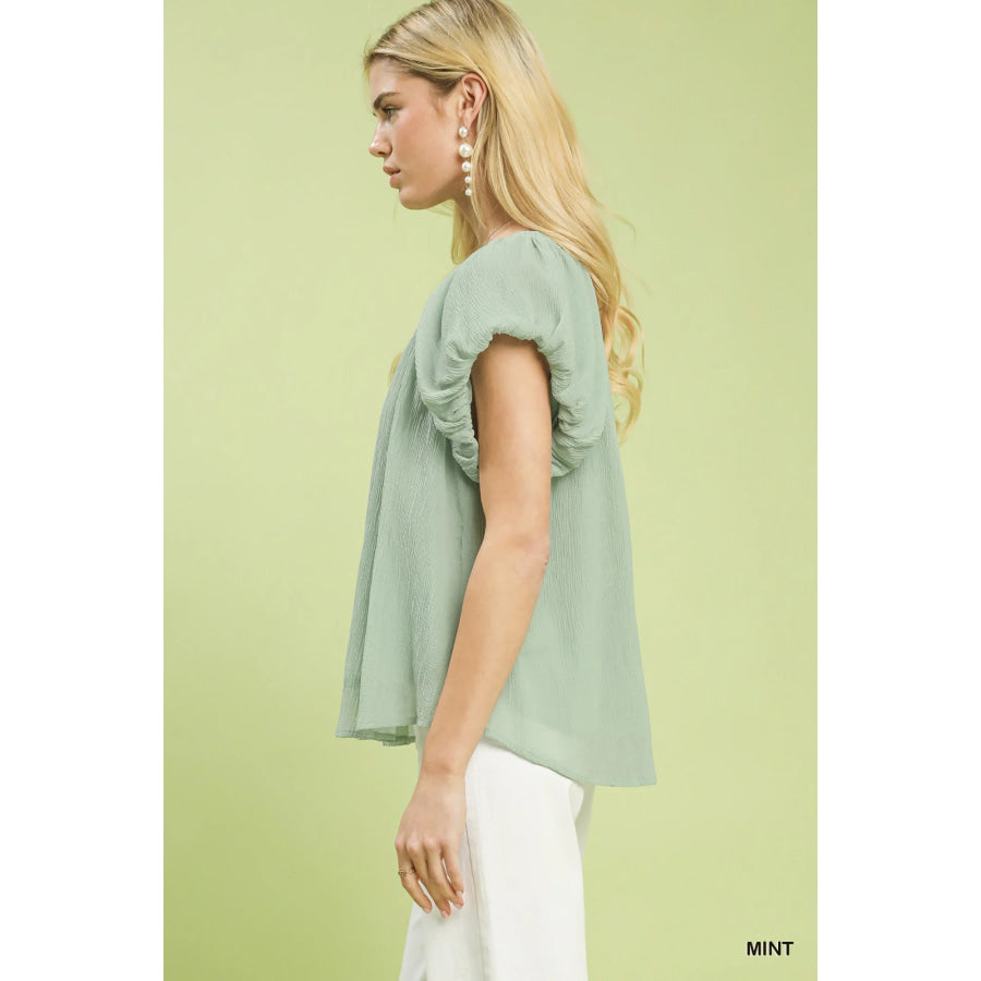 Umgee Crinkle Flutter Sleeve Peasant Top MINT / S Apparel and Accessories