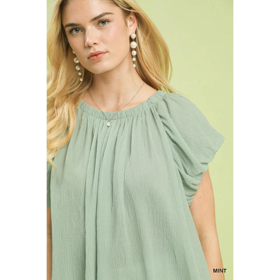 Umgee Crinkle Flutter Sleeve Peasant Top Apparel and Accessories