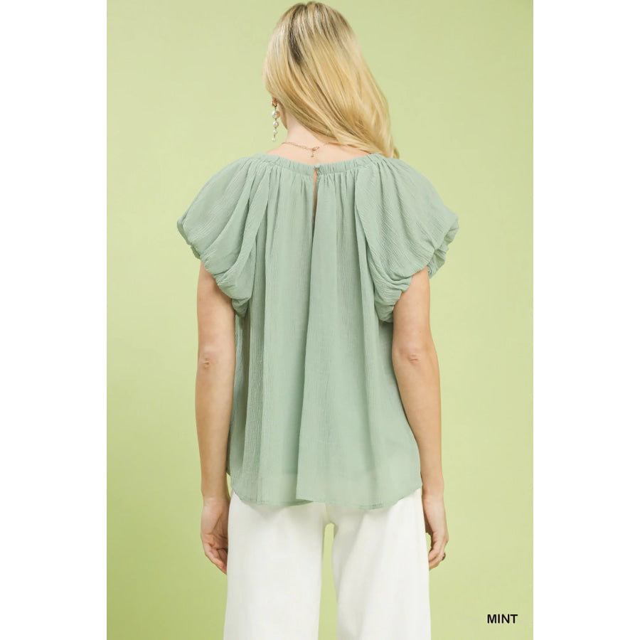 Umgee Crinkle Flutter Sleeve Peasant Top Apparel and Accessories