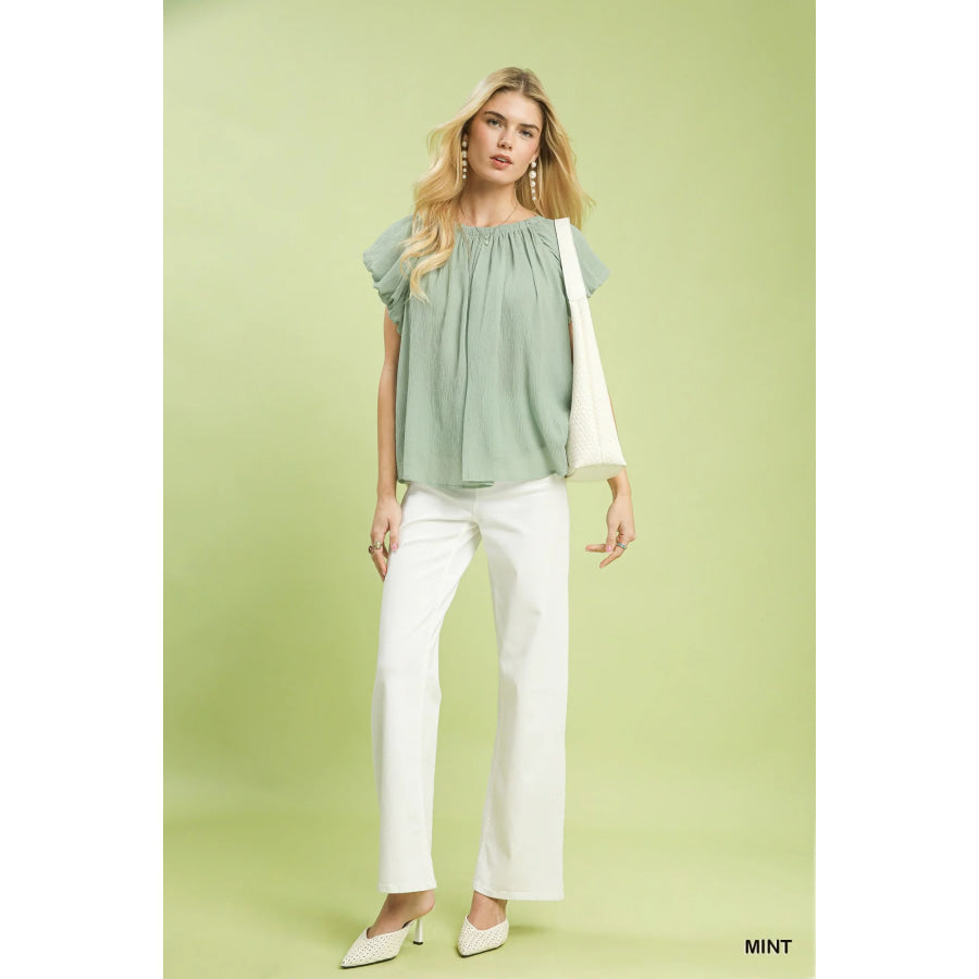 Umgee Crinkle Flutter Sleeve Peasant Top Apparel and Accessories