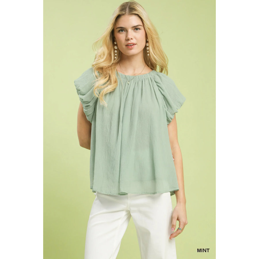 Umgee Crinkle Flutter Sleeve Peasant Top MINT / S Apparel and Accessories