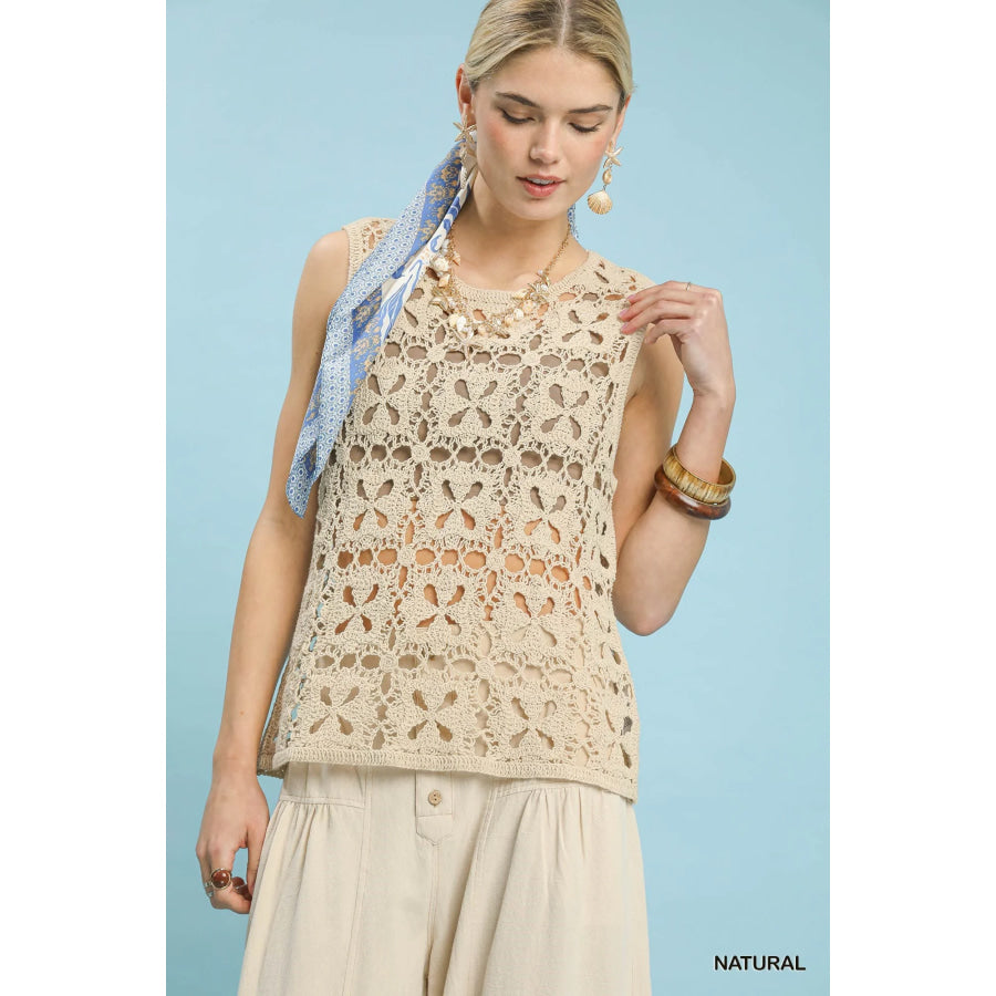 Umgee Crochet Flower Motif Sleeveless Tank Top NATURAL / S Apparel and Accessories