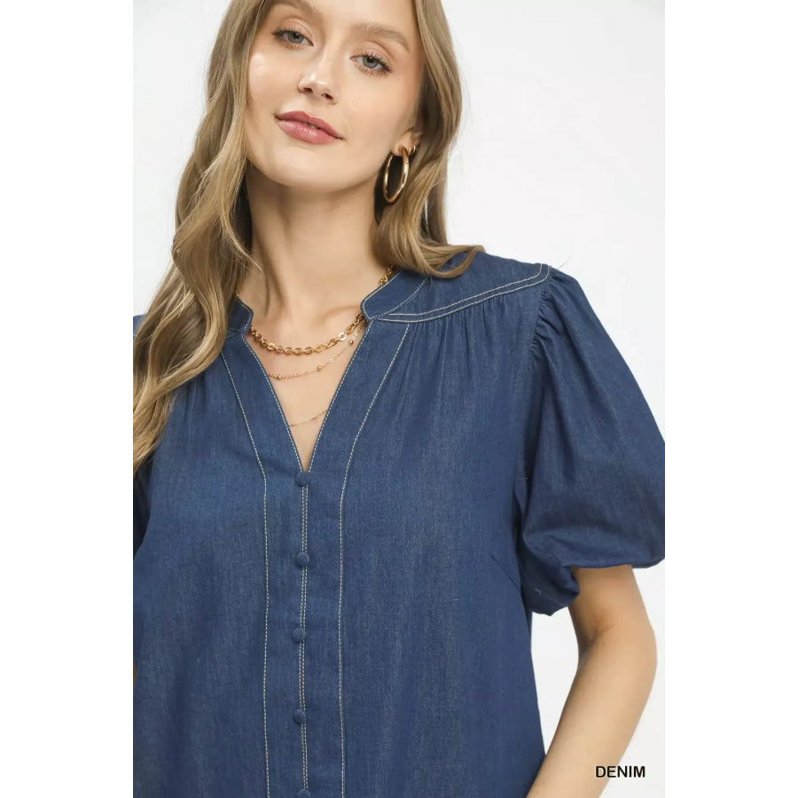 Umgee Denim Button Front Puff Sleeve Boho Blouse Apparel and Accessories