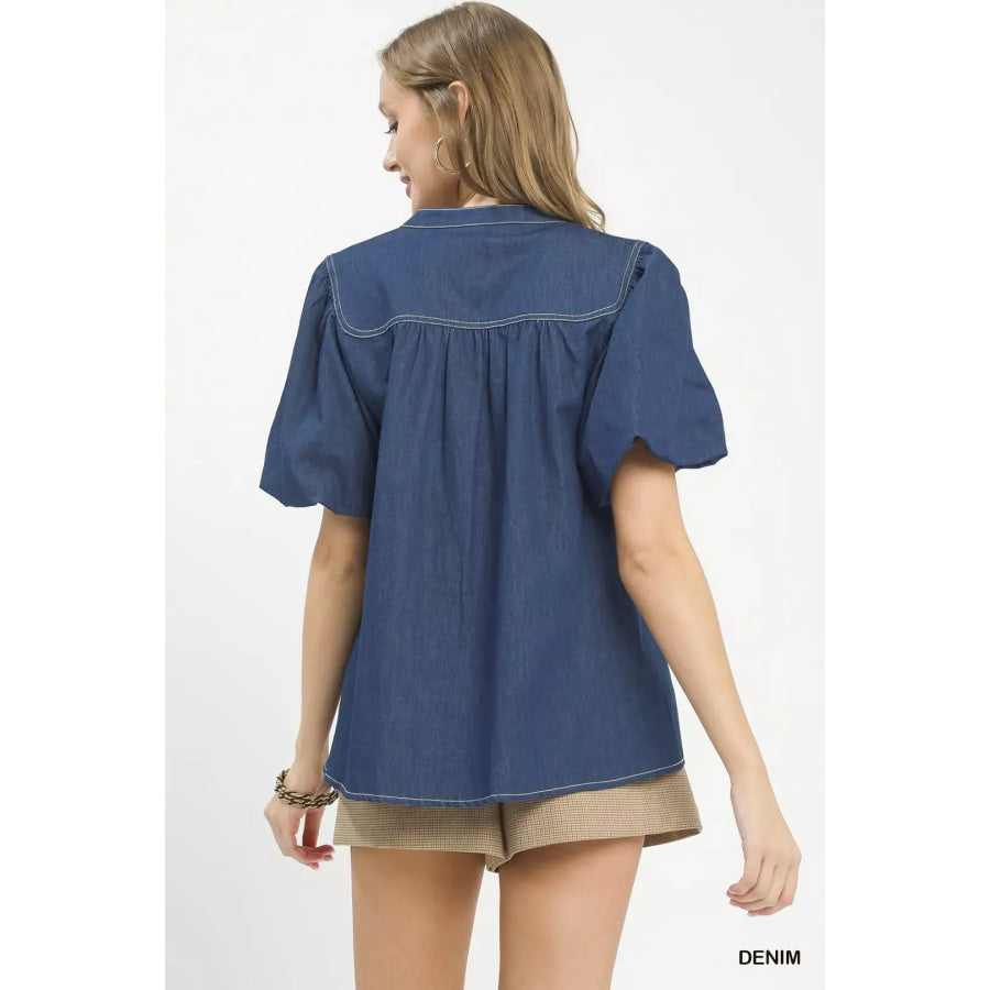 Umgee Denim Button Front Puff Sleeve Boho Blouse Apparel and Accessories