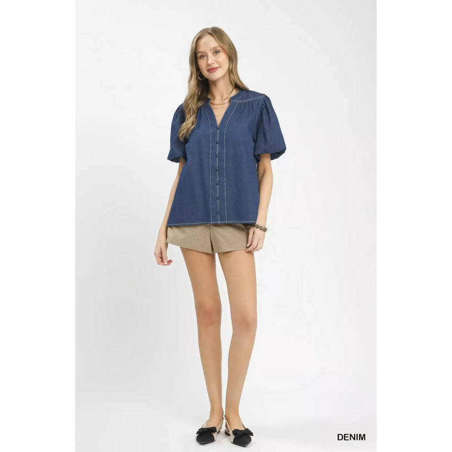 Umgee Denim Button Front Puff Sleeve Boho Blouse Apparel and Accessories