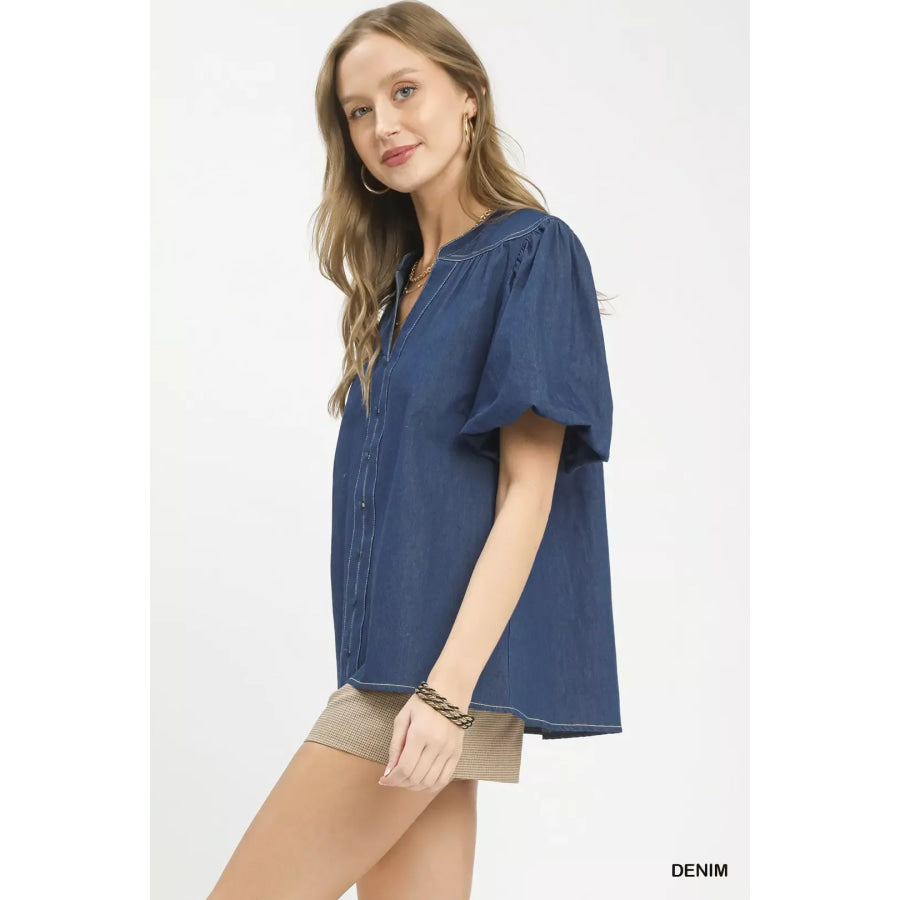 Umgee Denim Button Front Puff Sleeve Boho Blouse Apparel and Accessories