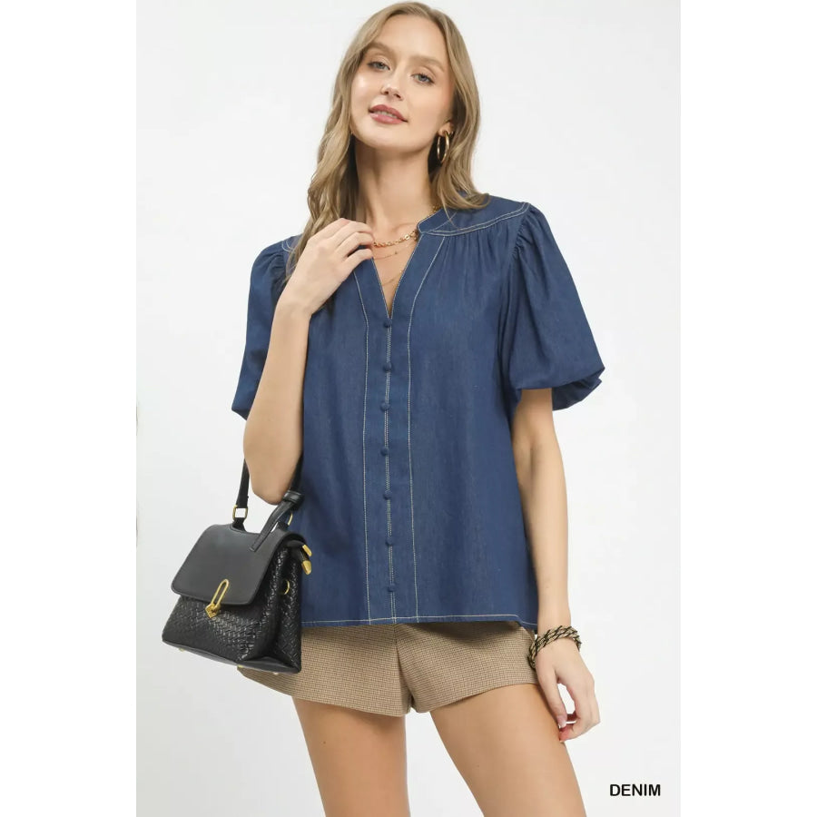 Umgee Denim Button Front Puff Sleeve Boho Blouse DENIM / S Apparel and Accessories