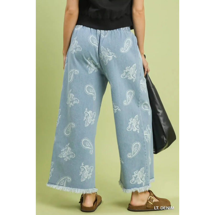Umgee Denim Paisley Wide-Leg Pants Apparel and Accessories