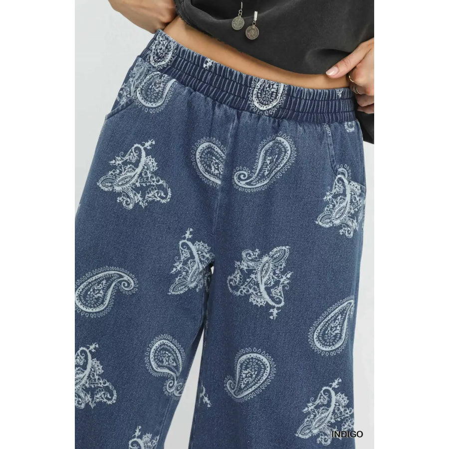 Umgee Denim Paisley Wide-Leg Pants Apparel and Accessories