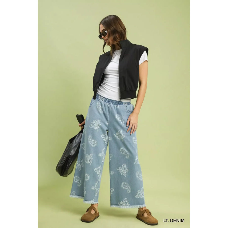 Umgee Denim Paisley Wide-Leg Pants Apparel and Accessories