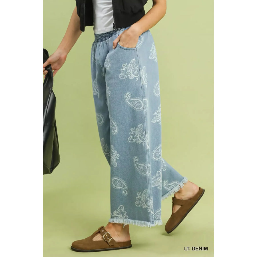 Umgee Denim Paisley Wide-Leg Pants Apparel and Accessories