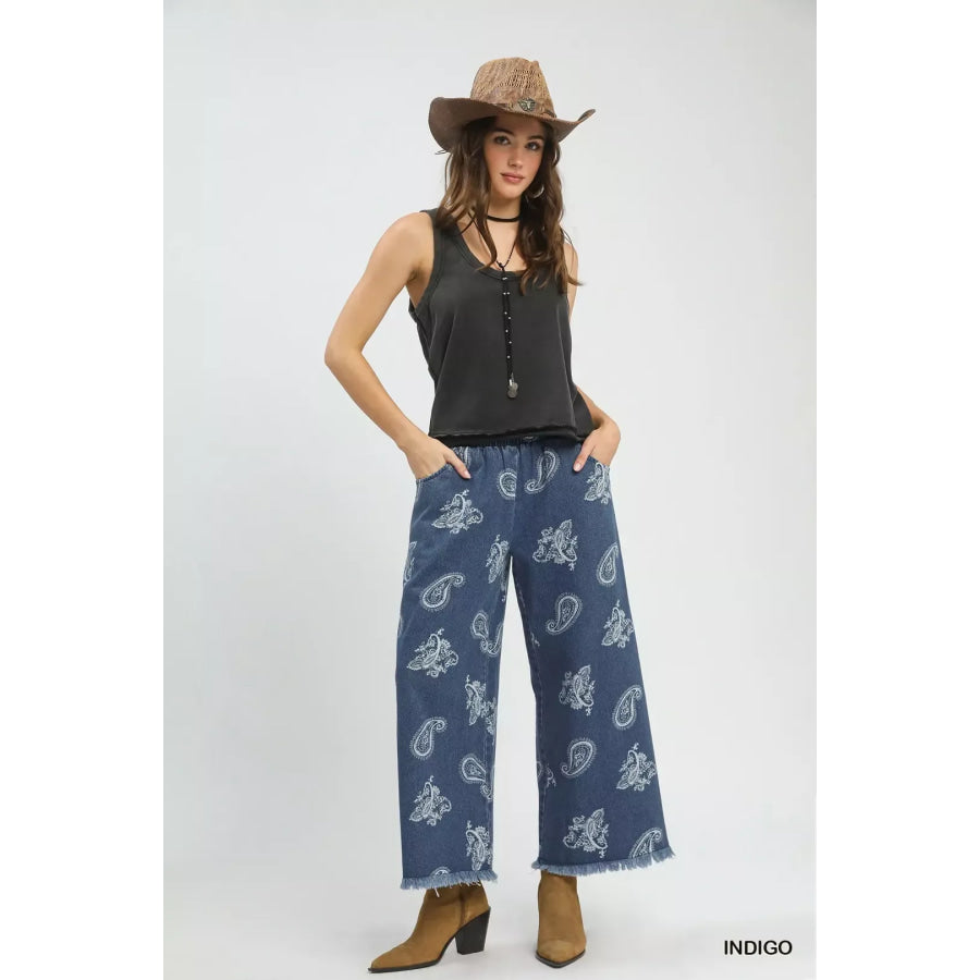 Umgee Denim Paisley Wide-Leg Pants Apparel and Accessories