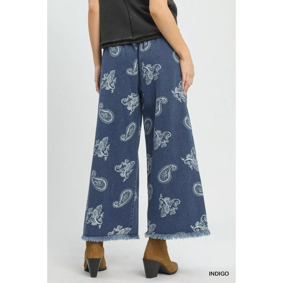 Umgee Denim Paisley Wide-Leg Pants Apparel and Accessories