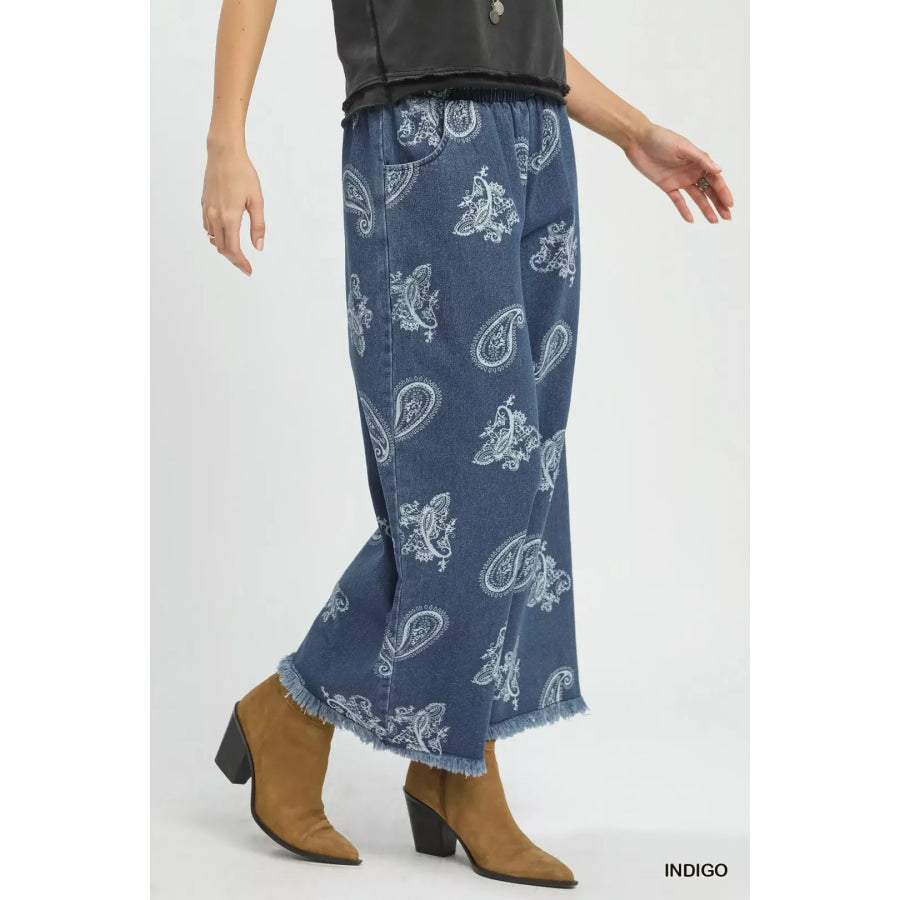 Umgee Denim Paisley Wide-Leg Pants Apparel and Accessories