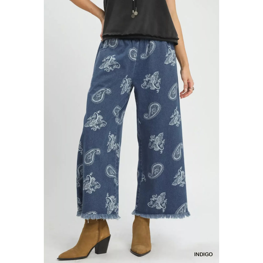 Umgee Denim Paisley Wide-Leg Pants INDIGO / S Apparel and Accessories